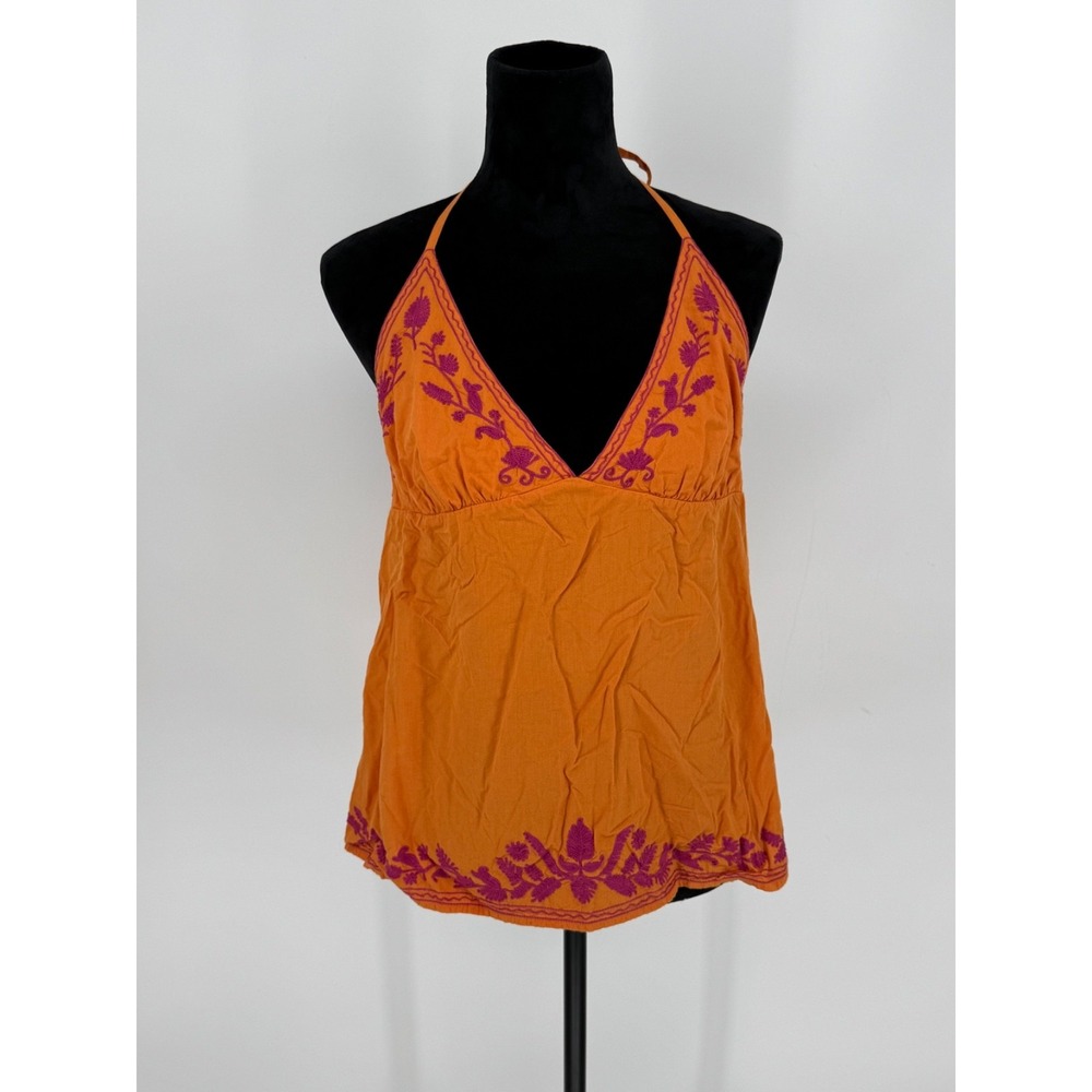 NWT Lucky Brand Embroidered Halter Orange Top V-Neck Sz Large Tie Straps G1